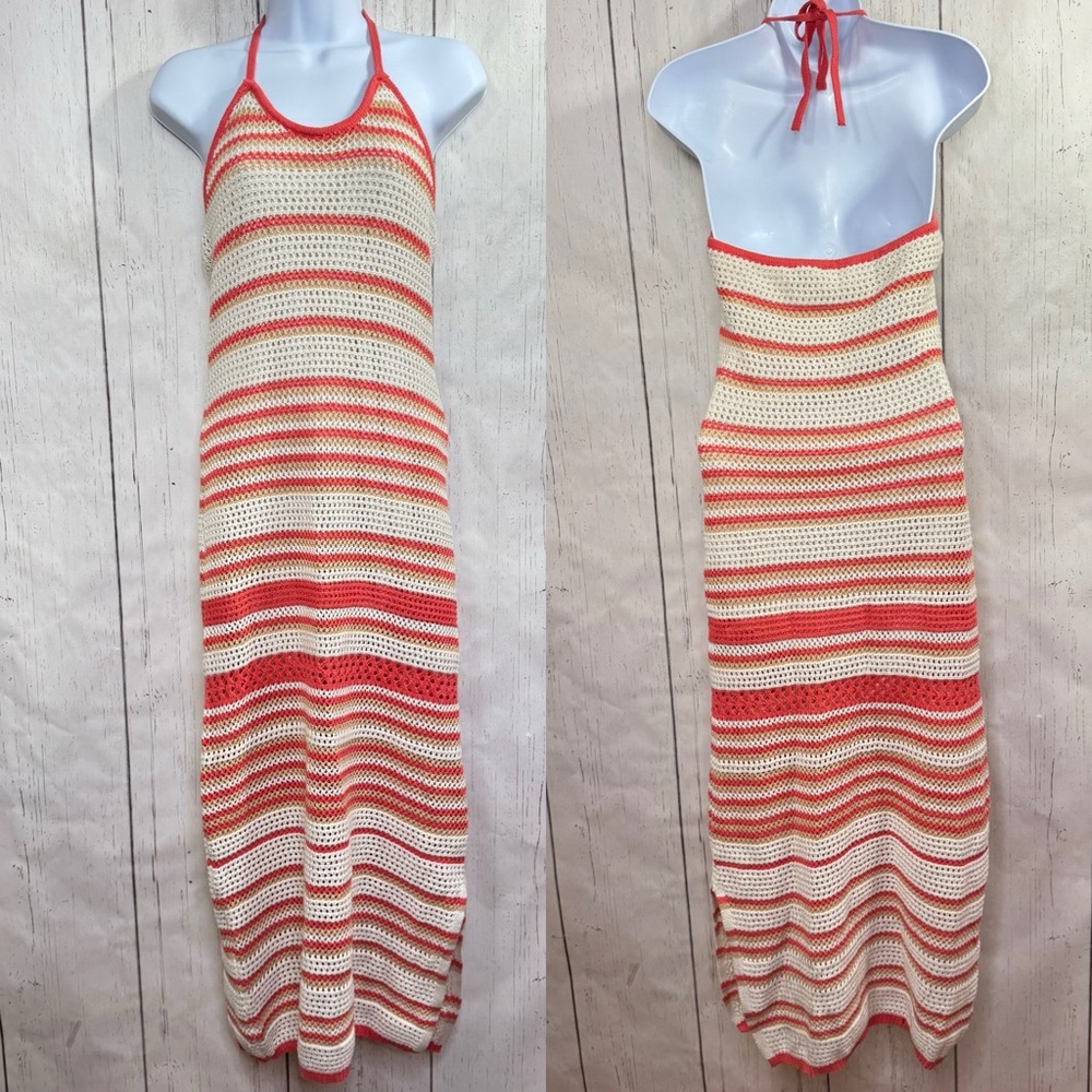 Freshman 1996 Y2K Crochet Halter Maxi Dress Coral Cream Striped Boho Festival M